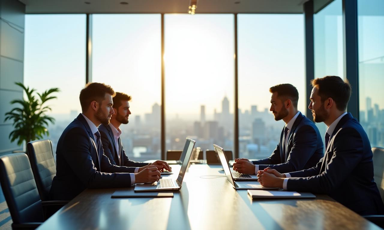 Team of consultants reviewing financial data in a modern boardroom